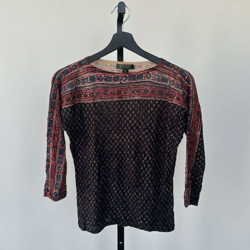 LAUREN RALPH LAUREN MID SLEEVE WOMEN’S CANVAS PRINT TOP MULTICOLOR SIZE PS